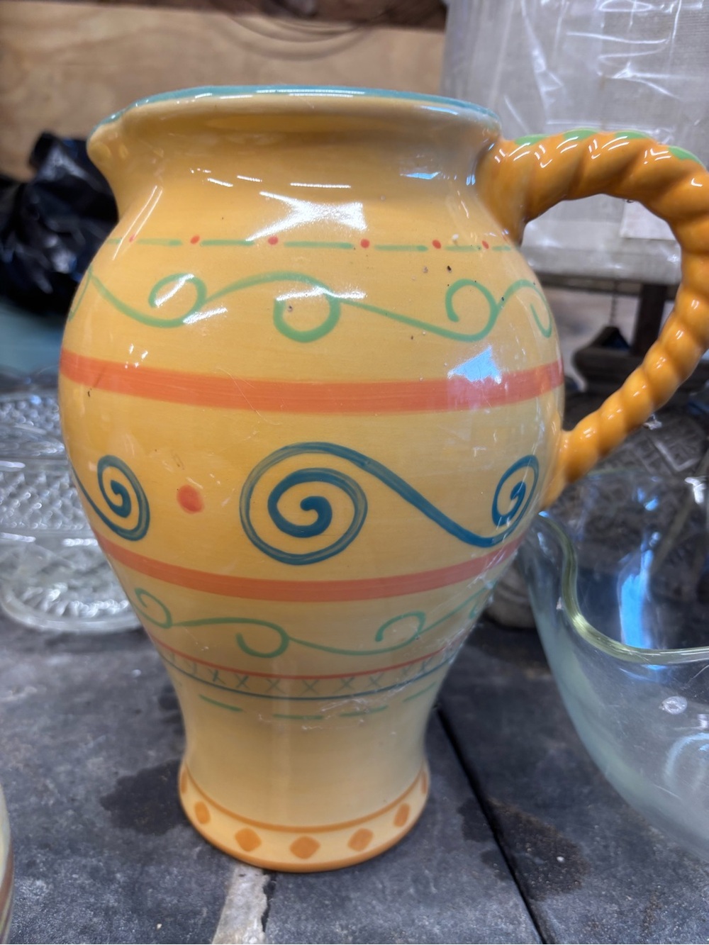 Pfaltzgraff Villa  Hand-Painted Yellow Ceramic Pitcher with Swirl Motif